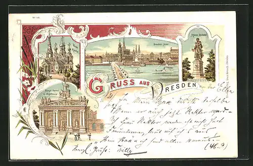 Lithographie Dresden, Russische Kirche, Hauptportal mit Akademie, Körner-Denkmal