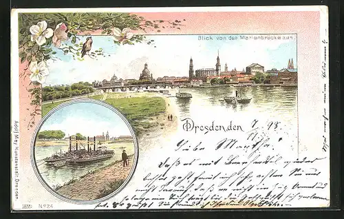 Lithographie Dresden, Stadtansicht von der Marienbrücke, Dampfer