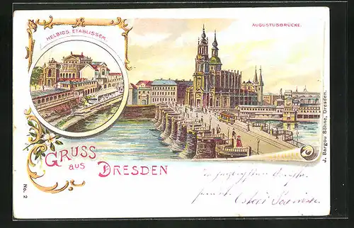 Lithographie Dresden, Restaurant Helbig, Augustusbrücke mit Stadtansicht aus der Vogelschau