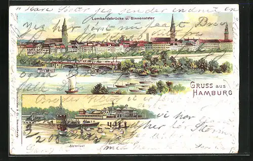 Lithographie Hamburg, Lombardsbrücke mit Binnenalster, Alsterlust