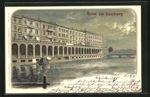 Lithographie Hamburg, Alster-Arkaden am Abend