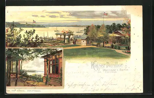 Lithographie Berlin-Wannsee, Restaurant Kaiser Pavillon mit Terrasse