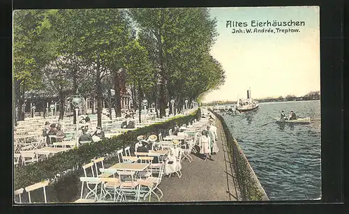 AK Berlin-Treptow, Restaurant Altes Eierhäuschen mit Terrasse, Dampfer