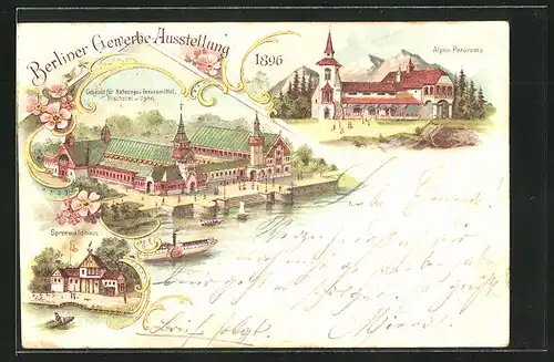 Lithographie Berlin-Treptow, Gewerbe-Ausstellung 1896, Spreewaldhaus aus der Vogelschau, Alpen-Panoramas