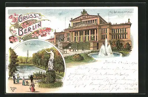 Lithographie Berlin, Kgl Schauspeilhaus am Gendarmenmarkt, Goldfischteich mit Denkmal