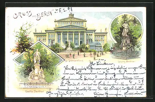 Lithographie Berlin, Kgl Schauspielhaus am Gendarmenmarkt, Lessing Denkmal, Goethe Denkmal