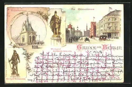 Lithographie Berlin, Mühlendamm, Schleusenhaus, Markgraf Waldemar, Markgraf Albrecht der Bär