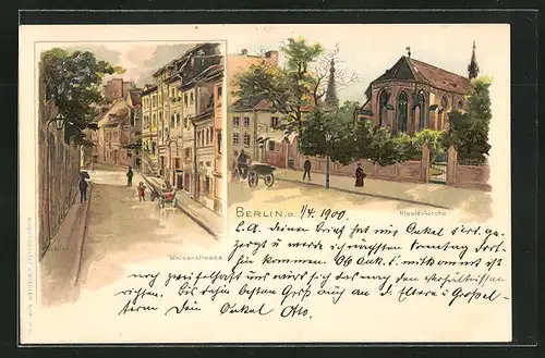 Lithographie Berlin, Ansicht der Waisenstrasse, Klosterkirche