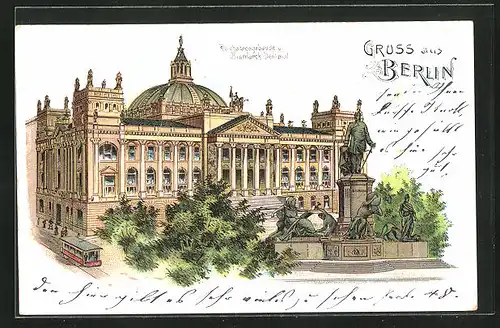 Lithographie Berlin-Tiergarten, Reichstagsgebäude mit Bismarck-Denkmal