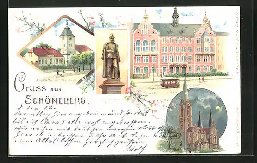 Lithographie Berlin-Schöneberg, Partie am Rathaus, Alte Kirche und Pfarrhaus, Denkmal Kaiser Wilhelm I.