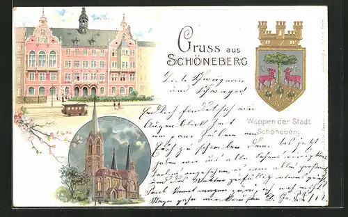 Lithographie Berlin-Schöneberg, Rathaus mit Strassenbahn und Apostel Paulus Kirche, Wappen