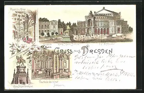 Lithographie Dresden, Kgl. Hoftheater, König Johann Denkmal, Foyer und Vestibule des Theaters