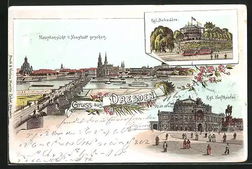 Lithographie Dresden, Kgl. Belvedere mit Strassenbahn, Kgl. Hoftheater, Blick auf die Altstadt