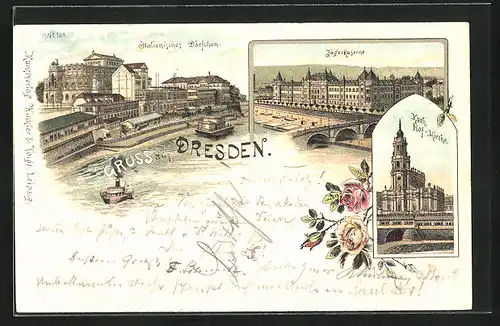 Lithographie Dresden, Jägerkaserne, Italienisches Dörfchen, Kath. Hofkirche