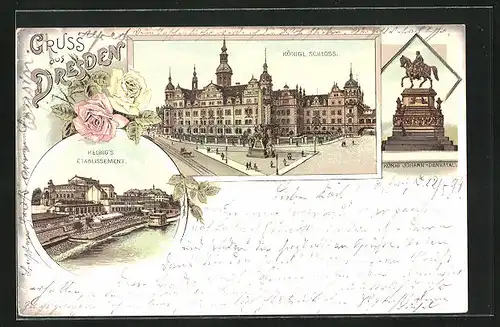 Lithographie Dresden, Königl. Schloss, Konig Johann Denkmal, Helbigs Etablissement