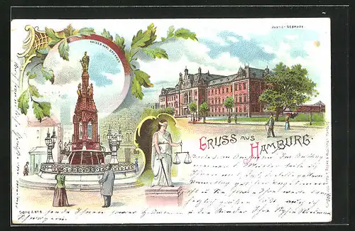 Lithographie Hamburg-Neustadt, Justiz-Gebäude, Kaiser Karl Brunnen, Justitia