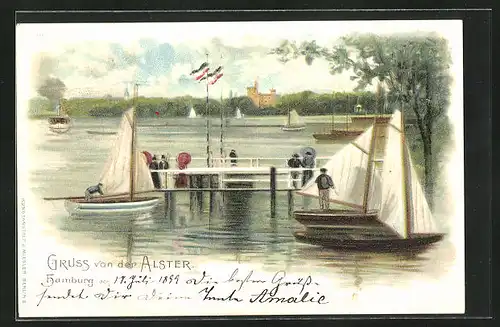 Lithographie Hamburg-Uhlenhorst, Segelboot auf der Alster