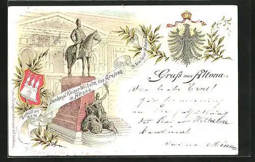 Lithographie Hamburg-Altona, Denkmal Kaiser Wilhelm des Grossen, Adler mit Krone