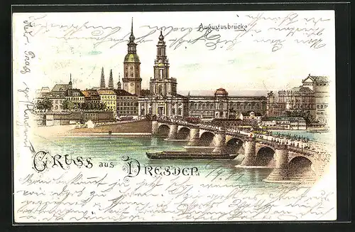 Lithographie Dresden, Augustusbrücke mit Stadtansicht, Dampfer