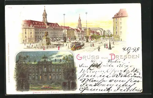 Lithographie Dresden-Neustadt, Japanisches Palais in der Nacht, Altmarkt mit Strassenbahn