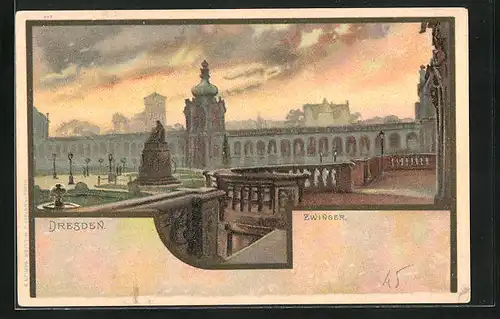 Lithographie Dresden, Zwinger am frühen Abend