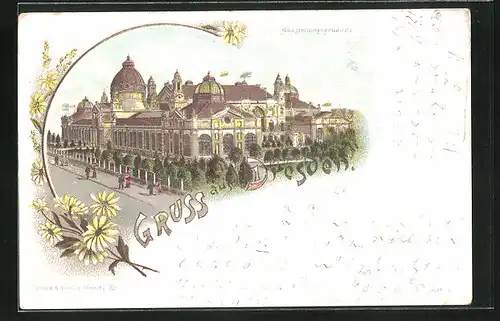 Lithographie Dresden, Ausstellungsgebäude aus der Vogelschau