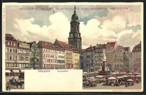 Lithographie Dresden, Altmarkt mit Rathaus
