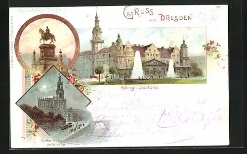 Lithographie Dresden, Königl. Schloss mit Fontaine, Katholische Hofkirche, König Johann-Denkmal