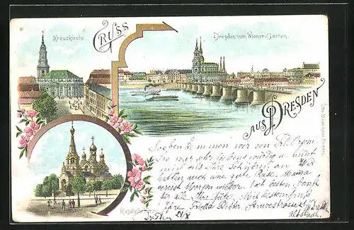 Lithographie Dresden, Russische Kirche, Kreuzkirche, Stadtansicht vom Wiener-Garten