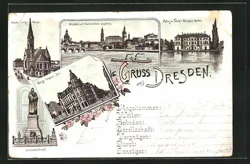Lithographie Dresden, König Johann-Str., Palais und Teich im grossen Garten, Martin Luther-Kirche