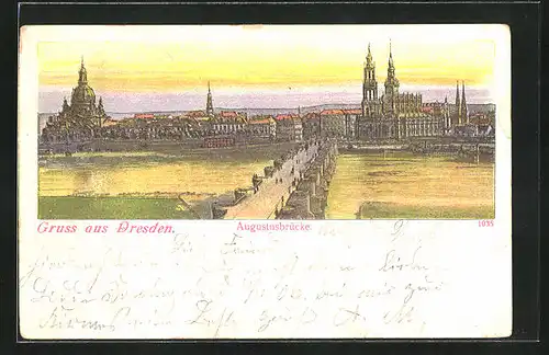 AK Dresden, Augustusbrücke mit Stadtansicht im Dämmerungslicht