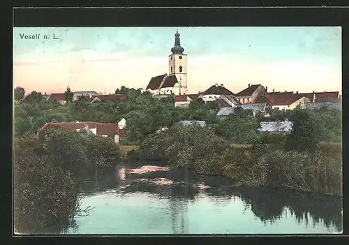 AK Veseli n. L., Blick auf den Ort mit Kirche