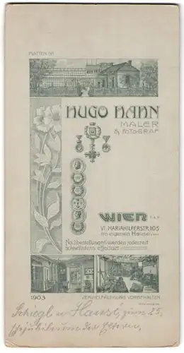 Fotografie Hugo Hann, Wien, Ansicht Wien, Mariahilferstr. 105, Fotoatelier & Geschäftshaus, Rückseitig Paar im Atelier