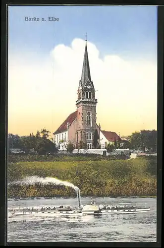 AK Boritz /Elbe, Dampfer passiert die Kirche