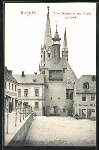 AK Burgstädt, Alter Seigerturm und Kirche am Markt