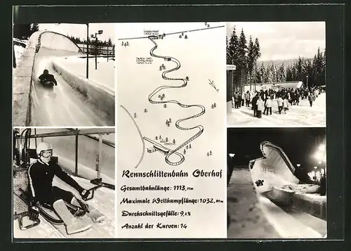 AK Oberhof, Rennschlittenbahn, Rodler in der Kurve