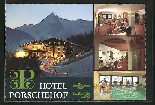 AK Zell am See, Hotel Porschehof, Innenansichten Gastraum & Schwimmbad