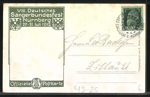 AK Sängerfest, 50 jähriges Bestehen des Deutschen Sängerbundes Nürnberg 1912, Harfe, Wappen