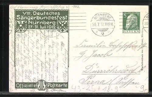 AK Ganzsache Bayern, VIII. Deutsches Sängerbundesfest Nürnberg 1912, Wappen