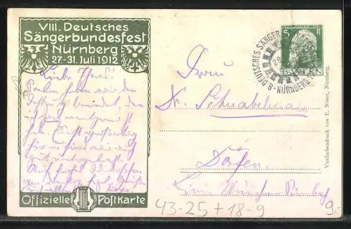 AK Ganzsache Bayern, VIII. Deutsches Sängerbundesfest Nürnberg 1912, Wappen