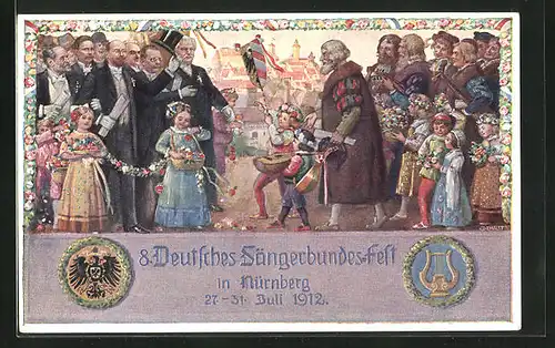 AK Ganzsache Bayern, VIII. Deutsches Sängerbundesfest Nürnberg 1912, Wappen, Flagge