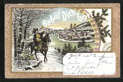 Lithographie Behüt Dich Gott!, Trompeter reitet von der Stadt weg im Winter