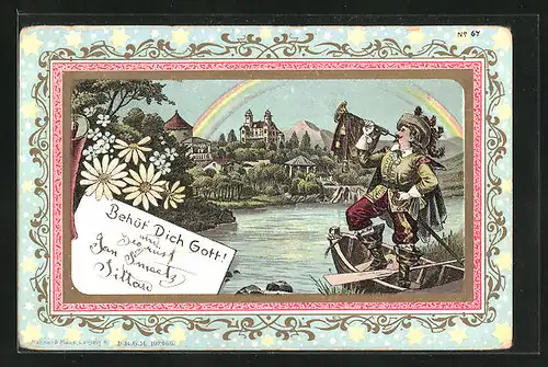 Lithographie Behüt Dich Gott!, Trompeter im Boot vor der Stadt