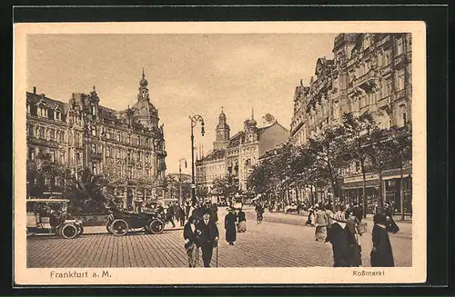 AK Frankfurt a. M., Rossmarkt mit Geschäften und Autos