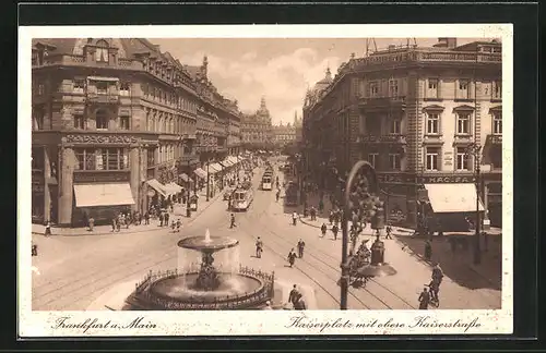 AK Frankfurt a. Main, Kaiserplatz und obere Kaiserstrasse mit Hadag-Haus und Brunnen, Strassenbahnen