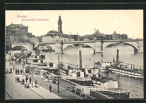 AK Dresden, Dampfschiff-Landeplatz mit Brücke