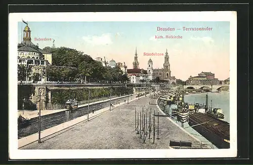 AK Dresden, Terrassenufer mit Belvedere, Katholischer Hofkirche & Ständehaus