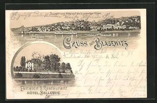 Lithographie Dresden-Blasewitz, Restaurant Hotel Bellevue, Blick nach Loschwitzer Höhen