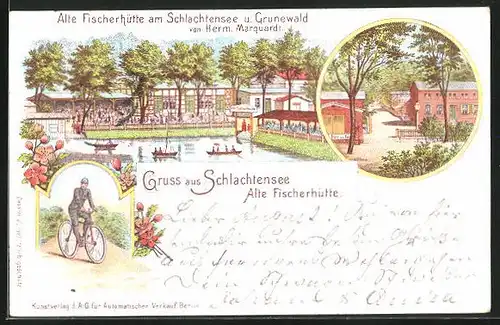 Lithographie Berlin-Zehlendorf, Gasthaus Alte Fischerhütte am Schlachtensee mit Radfahrer