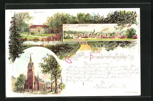 Lithographie Berlin-Friedrichsfelde, Blick auf die Kirche, Schloss und Panorama